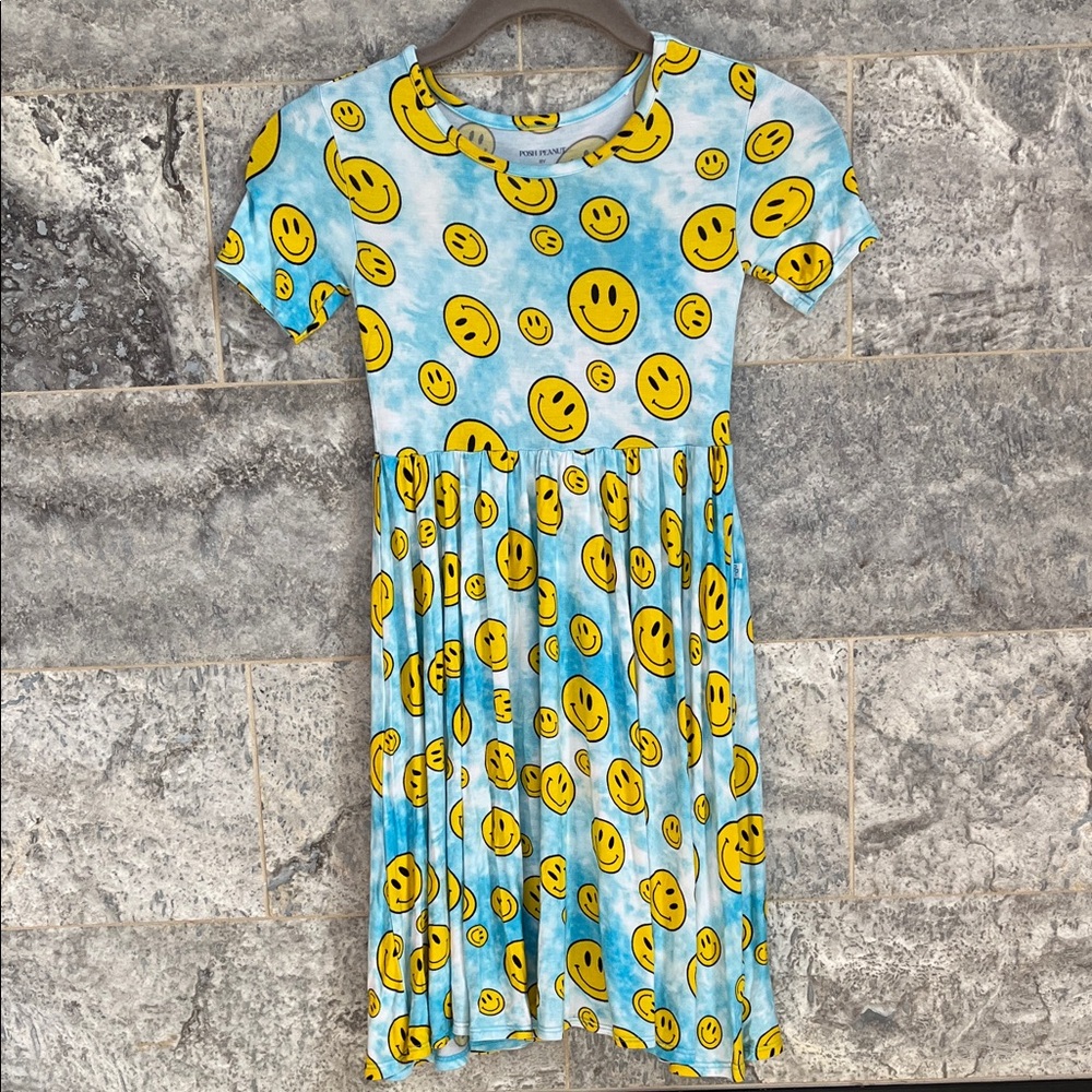 💥HP💥Posh Peanut Girls’ Blue Tie-Dye Smiley Face Dress – Size 8 – Blue/Yellow